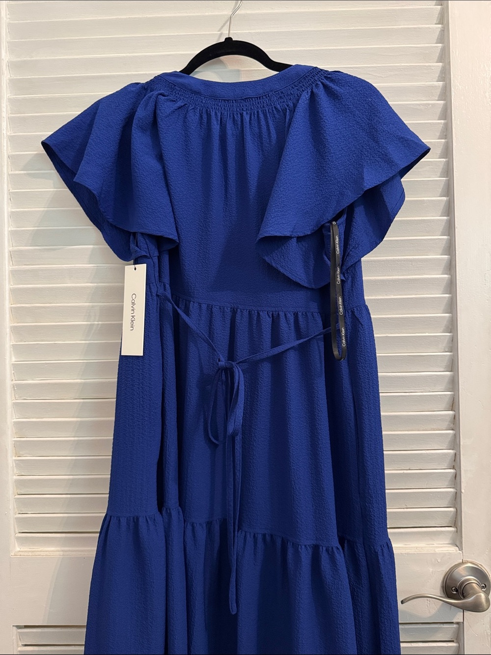 NWT Calvin Klein Women’s Cobalt Blue Textured Flutter Dress - Picture 4 of 5